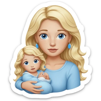 Wavy blonde, white woman with blue eyes, freckles hoop earrings, holding babies sticker