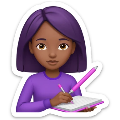 Une fille noir au cheveux lisse qui est entrain d’écrire avec un stylo rose sur un cahier violet sticker