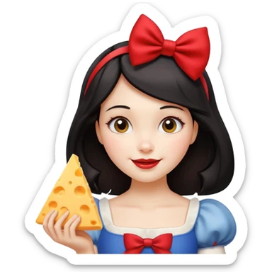 Happy Snow White with red bow in hair and holding triangle wedge of cheese sticker