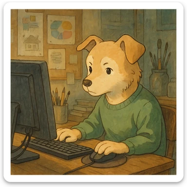 ghibli style light dog graphic designer, focused at a computer, artistic atmosphere sticker