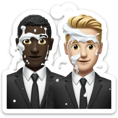 Two men covered in yogurt wearing black suits with yogurt on both of their heads, and more yogurt on their suits, but white skin, and wearing black jackets sticker