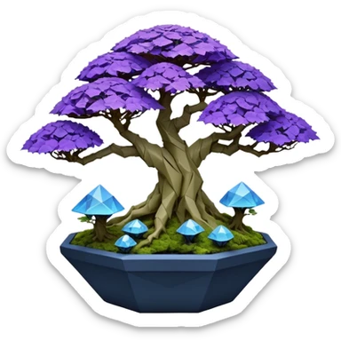 Futuristic wild glowing et alien moss maples Bonsai hair-fine-leaf group multi faceted crystal boxwood Darth Vaderpurple and cream rose blue informal rocky cliffhanger eight trees forest planting in shallow origami slab style pot with big anthropomorphic feet  sticker