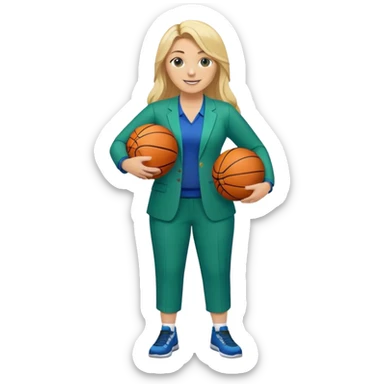 Full Body white plus size female basketball head coach using a clipboard with long blonde hair in a blue and green suit smiling with basketball and clipboard sticker
