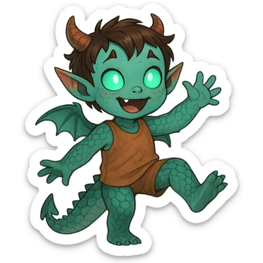 cute playful kid with 60% dragon features (scales, tail, tiny wings), 20% demon traits (small horns, pointed ears), and 20% alien traits (glowing eyes, odd skin tone), childlike appearance sticker
