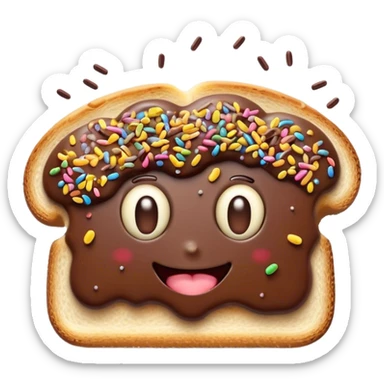 Cinematic Realistic Hagelslag Treat Emoji, depicted as crunchy chocolate sprinkles on buttered bread rendered with vivid textures and playful, inviting lighting. sticker