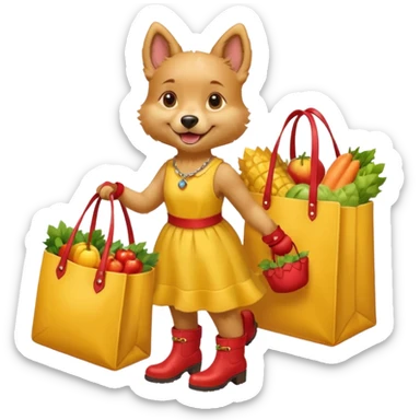 smiling-dog-in-a-yellow-dress,-red-boots,-carrying-a-market-bag sticker