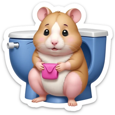 Cute chubby cartoon-style hamster sitting on toilet pooping looking as if he had an accident sticker