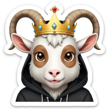 Goat with horns wearing black hoodie and a royal crown do the love sticker