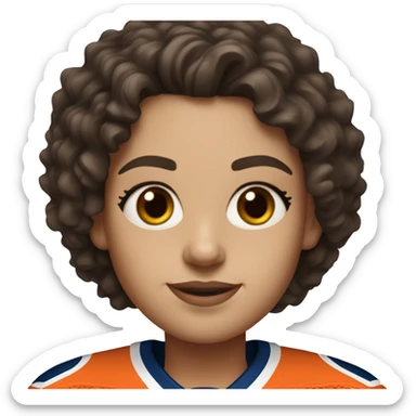 white woman with shoulder length dark brown curly hair wearing an Edmonton oilers jersey sticker