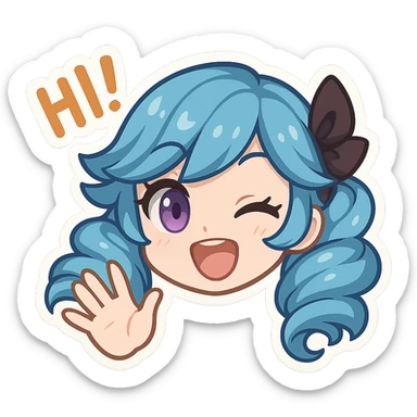 Gwen from League of Legends, chibi emote style, only head visible, right eye purple, energetic hi expression, waving hand, eyes open, cute and expressive sticker