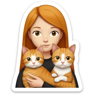 Straight hair ear length in dark brown , holding one ginger cat and one yellow white cat same size  sticker