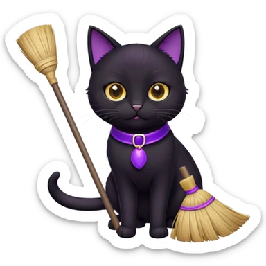 cute black cat with a broom, purple collar sticker