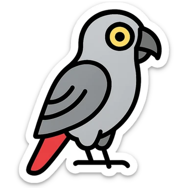 african grey parrot, minimal flat icon, simple shapes, grey and red accents sticker