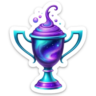 A futuristic alien trophy cup with swirling cosmic nebula colors, purple, blue and teal galaxy patterns sticker