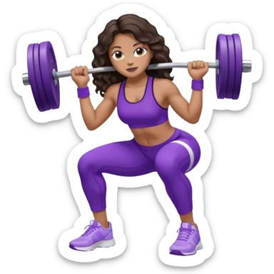 mujer de tez trigueña, con cabello castaño oscuro ondulado con pequeñas ondas, con el cabello super largo hasta las rodillas estilizado, con ropa deportiva morada/lila, tenis blancos deportivos y levantando una pesa sticker