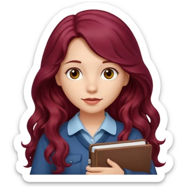 girl with long wavy burgundy hair and a notebook sticker