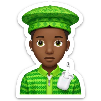 Create me an detailed emoji of a cool Young Nigerian prince wearing a neon green gradient African patterns with  a hat (a Nigerian-inspired patterned hat) and apple airpods sticker