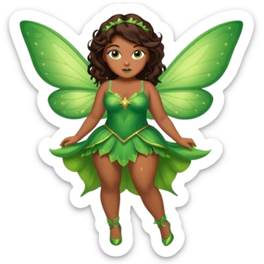 Pretty thick girl with caramel skin. Dark brown hair and brown eyes. She has freckles. Wearing sexy makeup. Wearing a green fairy costume and heels and flying sticker