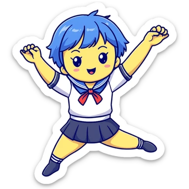Energetic anime girl with short blue hair wearing Japanese sailor style school uniform, jumping excitedly with arms raised, very cheerful, kawaii style sticker