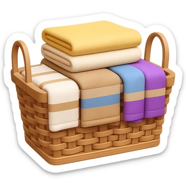 Add folded towels on top of the socks draped over towels in the wicker laundry basket in emoji style, no background. sticker
