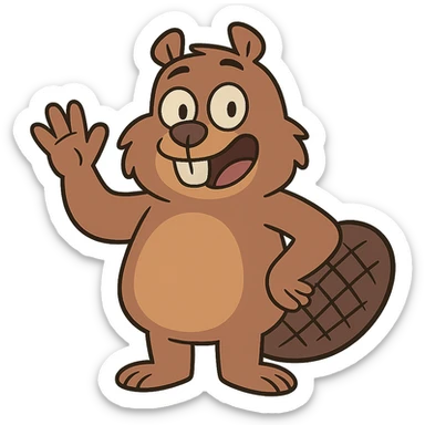 beaver character waving hand, welcoming expression, cartoon style sticker