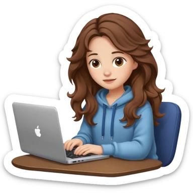 make a picture in ios 18 style of a girl with brown long wavy hair wearing cozy clothes and working on a laptop sticker