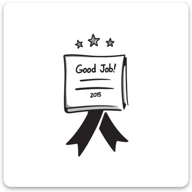 Award certificate with ribbon, "Good Job!" text, and shining stars in the corners sticker