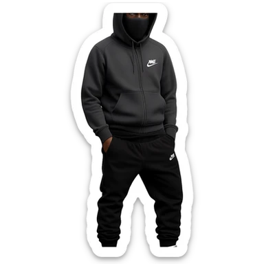 Make the ski mask soft and without texture. Pose the Black individual standing like a 'YN', wearing black Nike tech pants sagging and Air Jordan 4 Retro White Thunders. Keep the hood up and style realistic. Remove the background. The style should be realistic and detailed. sticker
