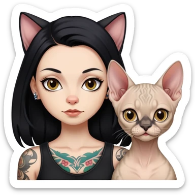 white girl with long black  straight hair and tattoos and  a Devon rex sticker