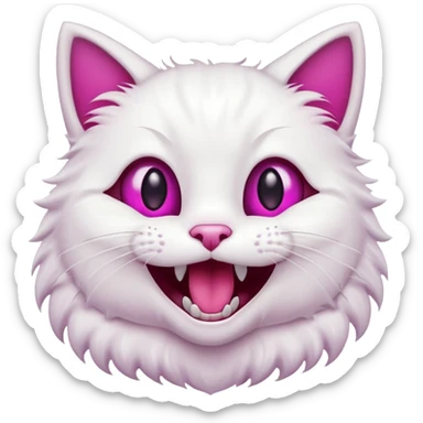 White cat, very happy open mouth smile, fangs showing, magenta eyes, black background, cute cartoon style sticker