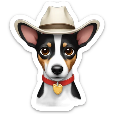 rat terrier wearing a cowboy hat and red collar smiling no brown (black and white) sticker