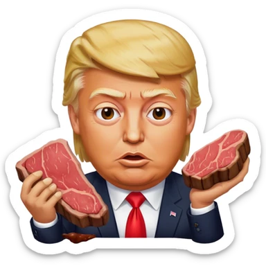 photorealistic Donald Trump eating a steak shaped like an piece of land sticker