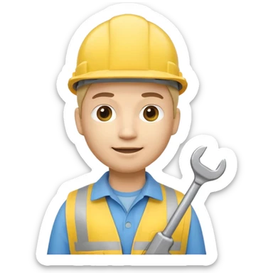 Apple Memoji-style 3D emoji of an engineer wearing a yellow hardhat holding a wrench, soft shading, rounded shapes, no background.
 sticker