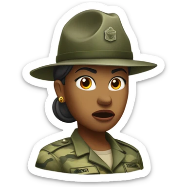 a female drill sergeant showing full torso wearing a classic sergeant hat and a camouflage army shirt. The character should have an angry intense expression.  sticker