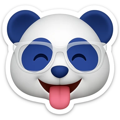 Make the panda's white designer glasses translucent and give the panda a tongue-out playful face, keeping the playful 3D emoji look with white and #002FA7 blue coloring. Remove the background. sticker