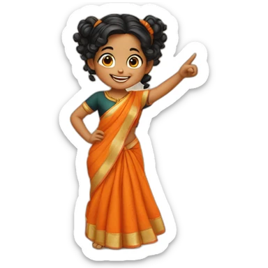 smiling and pointing 3 years old indian girl with black curly hair in pigtails wearing a orange saree sticker