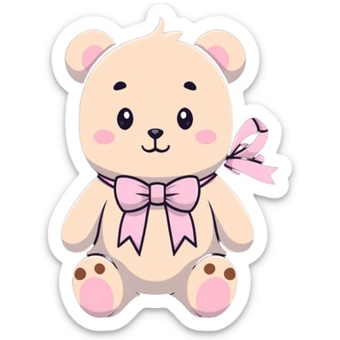 Stuffed teddy bear with light pink ribbon tied in a bow around its neck sticker