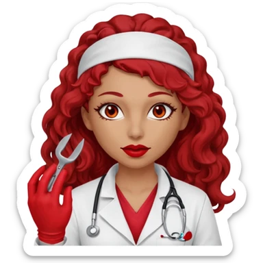 Lilith scalpel in hand, evil surgeon sexy surgeon clothes.  She has red eyes.Her  brown long curly hair. Wears sexy doctor outfit with red gloves. Hides mouth necknose with red bandana to hide her identity. Hair is long and brown sticker