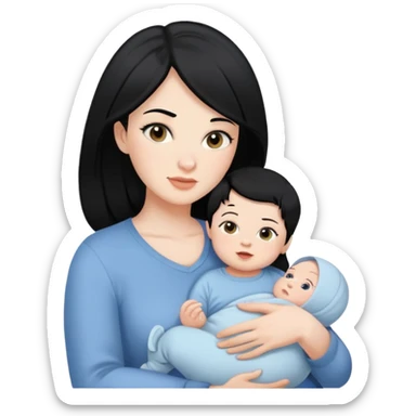 Pretty mom with black hair and white skin holding baby boy black hair with white skin  sticker