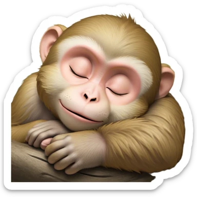 Meme-Worthy cute Sleeping Macaque Portrait Emoji, Head resting peacefully with a contented smile, showcasing soft, downy fur and eyes gently closed in serene slumber, Simplified yet comically adorable features, highly detailed, glowing with a soft, drowsy glow, high shine, relaxed and utterly lovable, stylized with an air of playful laziness, bright and heartwarming, soft glowing outline, capturing the essence of a sleeping macaque that feels destined to become the next viral icon of adorable rest! sticker