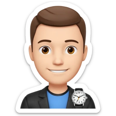 man wearing a black strap watch portrait, head and shoulders only, round face, soft jawline, friendly smile, black leather strap watch visible, 3D cartoon, mobile game icon style, clean background, no text, no watermark sticker