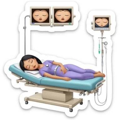 A black-haired woman in her 50s lying on an examination bed with eyes closed, shown in a wide, full-body shot in a clean colonoscopy procedure room. Only the patient is visible. sticker