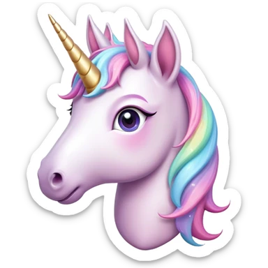 Cinematic Cute Unicorn Pony Portrait Emoji, Head tilted playfully and inquisitively, featuring a charming, diminutive form with a gentle pastel color, a delicate, sparkling horn and large, dreamy eyes full of wonder, Simplified yet irresistibly adorable features, highly detailed, glowing with a warm, magical glow, high shine, affectionate and lively, stylized with a touch of whimsical charm, soft glowing outline, capturing the essence of a mischievous yet endearing unicorn pony that seems as if it could prance out of the screen into your arms! sticker