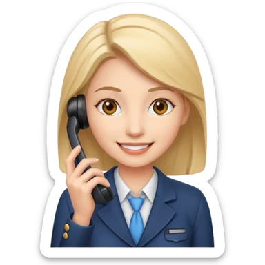 female phone support agent, holding phone, smiling sticker