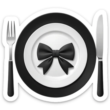 Minimalistic flat vector icon, iOS style, thin black contour on white background. Fork and knife crossed on a plate with a small bow tie above. Clean, no text, no shadows sticker