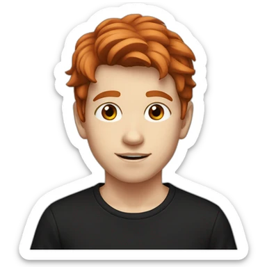 A white teenager boy with big brown eyes and middle-parted red hair, wearing a black T-shirt. sticker