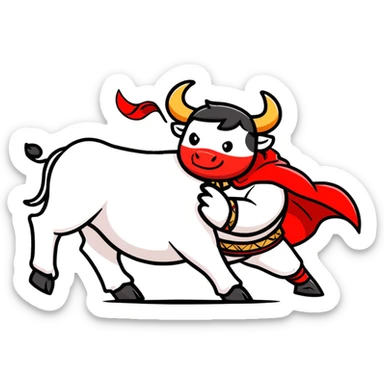 matador in traditional costume with red cape and bull sticker