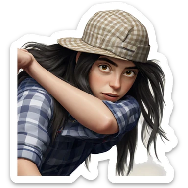 girl in plaid shirt with hat sticker