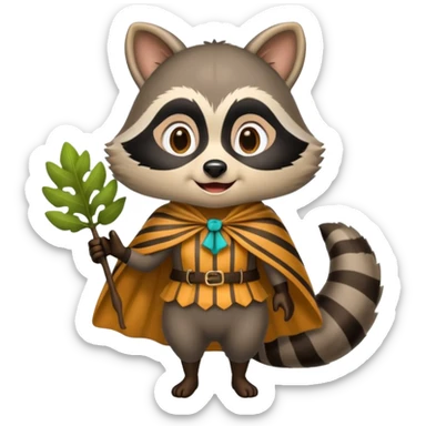 forest emoji woman dressed as raccoon trickster, striped tail cape, playful grin sticker