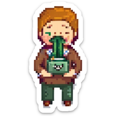 pixel art of a man with money stuffed in his mouth sticker